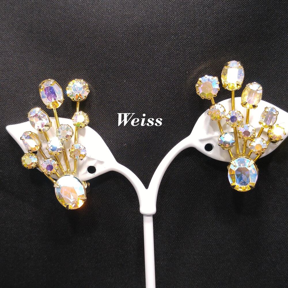 Weiss Aurora Borealis Ear Climber Earrings, Gold Plated, 1950s Vintage Jewelry